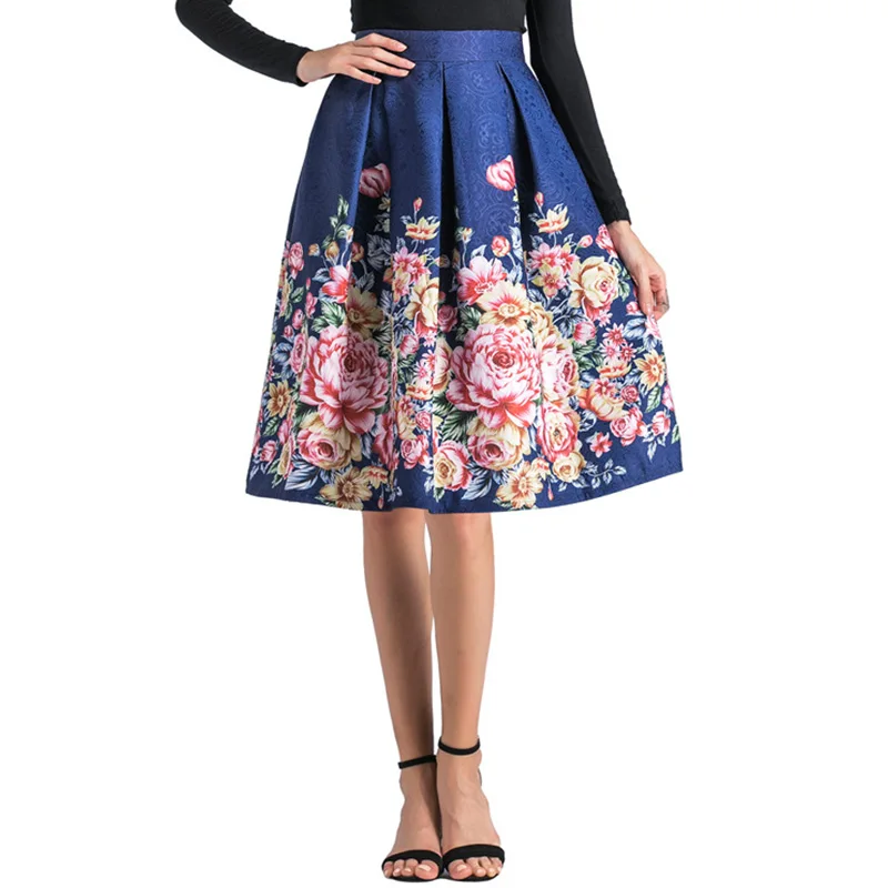 

SWEETKAMALadies Jacquard Flower Print Pleated Ball Gown Skater Midi Skirts Womens Vintage Floral High Waist Saias