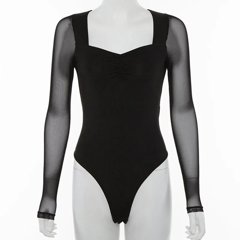 Black Mesh Bodysuit Women Long Sleeve Summer Deep V Neck Sexy Body Suits Casual Hollow Out Playsuit Jumpsuit Short Playsuit