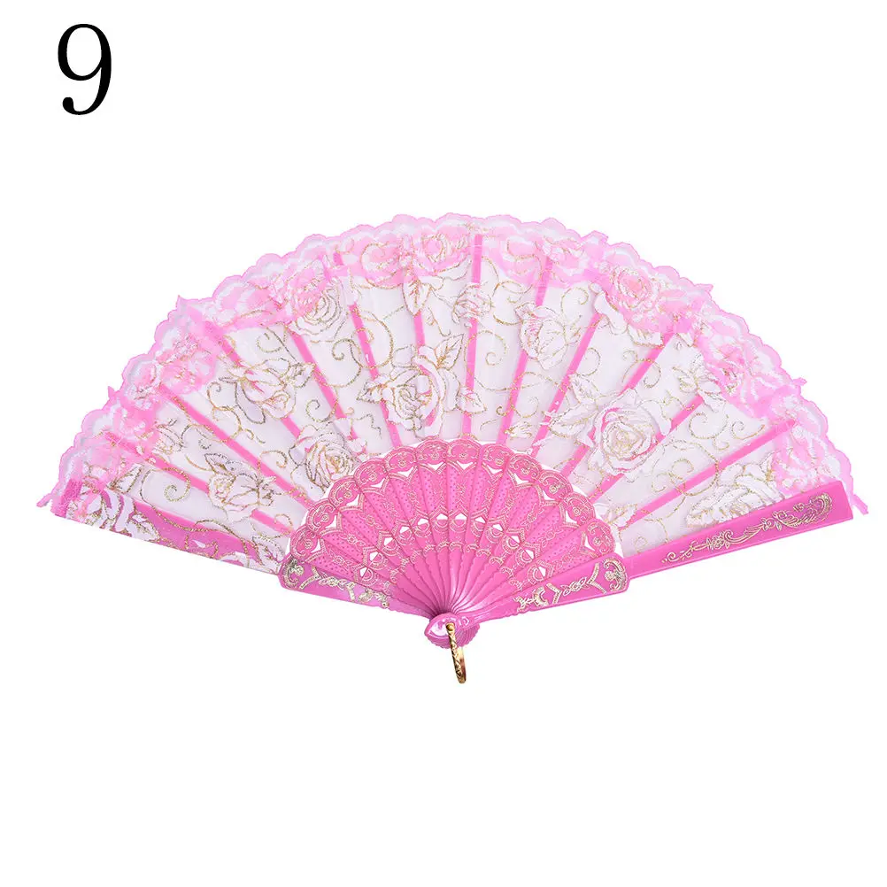 Pink HENGHOME 1 шт., 6 цветов, цветочный кружевной тюль, складной Ручной Веер, для свадьбы, дня рождения, вечеринки, свадьбы, Декор, ручной вентилятор - Цвет: Pink