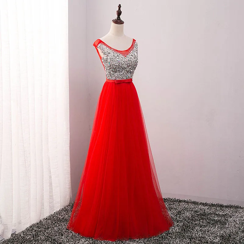 red Vestidos de Fiesta Длинные вечерние платья королевский синий тюль ТРАПЕЦИЕВИДНОЕ официальное длинное платье с круглым вырезом размера плюс - Цвет: red