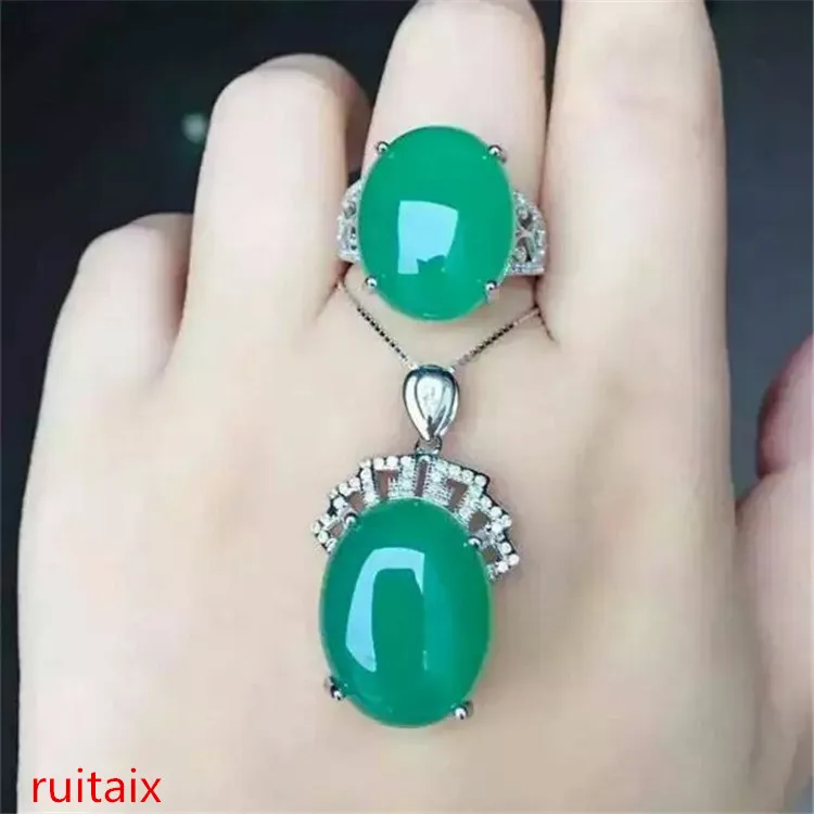 

KJJEAXCMY boutique jewels 925 Pure silver inlay natural green jade medulla ring + pendant + set set inlay drill-drop plant sunfl