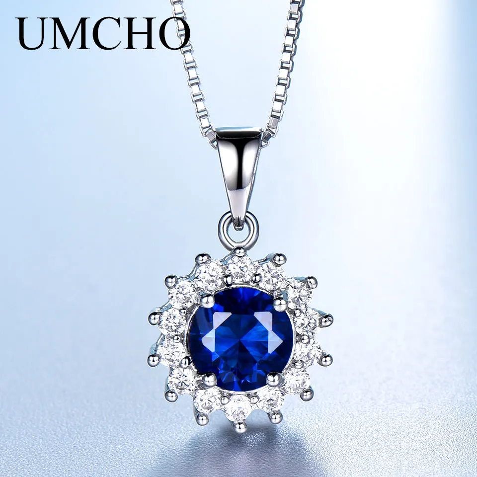 UMCHO Luxury Real 100% 925 Silver Jewelry Created Nano Sapphire Necklaces &amp Pendants For Women Engagement Gifts With Box Chain |