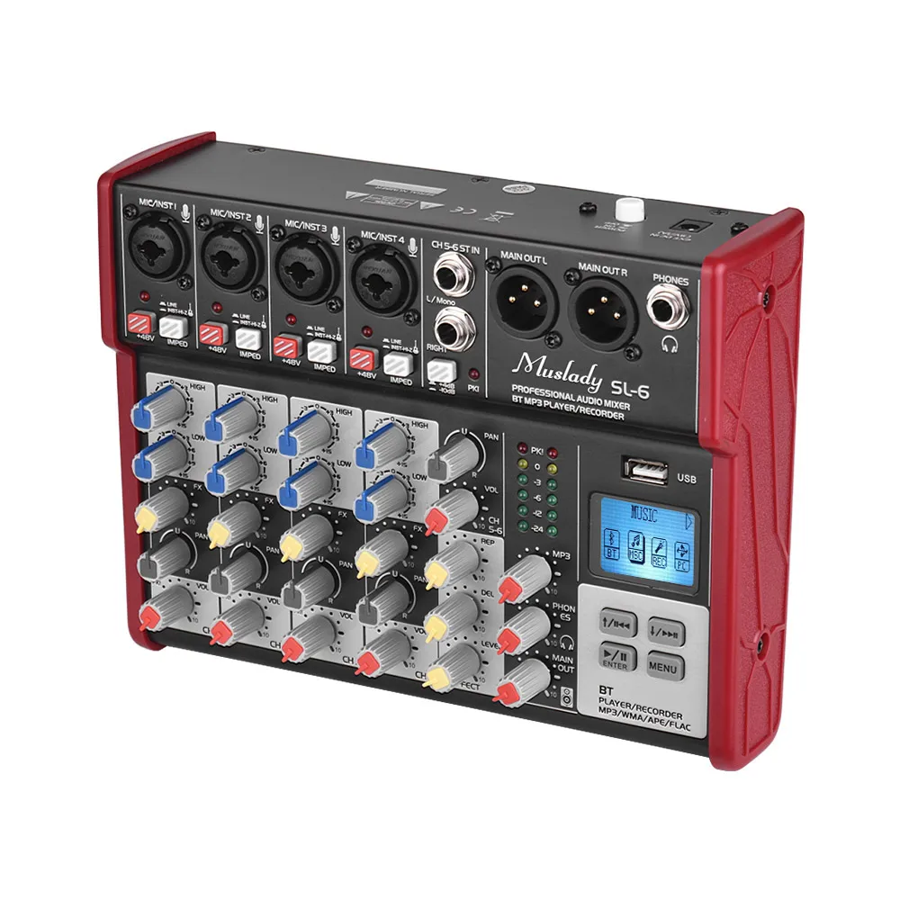 Muslady SL-6 Портативный 6-канальный смешивания консольный микшер 2-полосным эквалайзером встроенный 48V Phantom Мощность поддерживает подключения BT USB