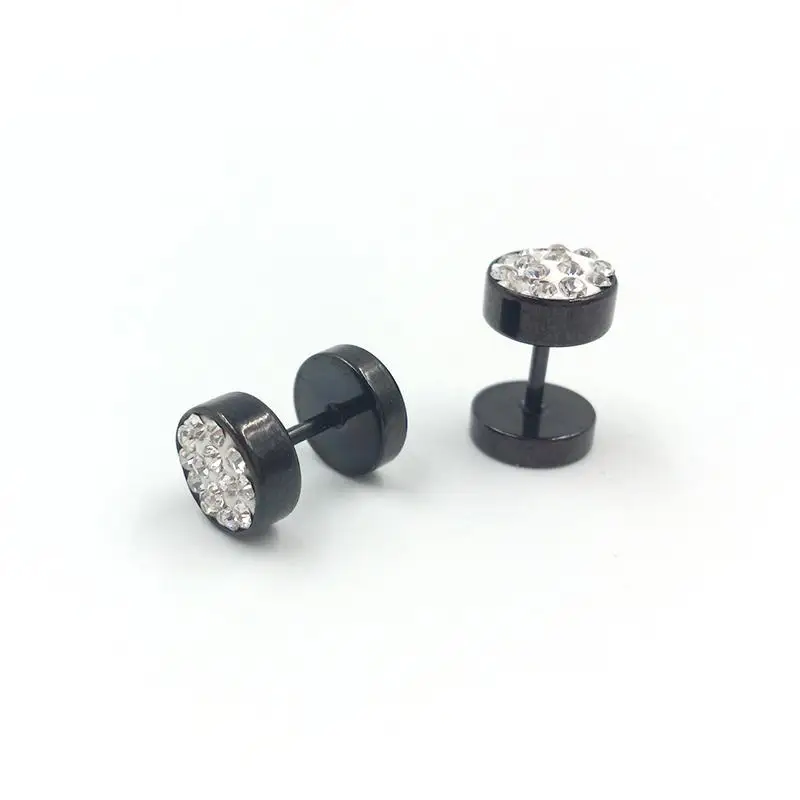 Hot 1Pair Black/Silver Color Men Barbell Punk Ear Studs Trendy Round Stainless Steel Crystal Rhinestone Stud Earrings For |