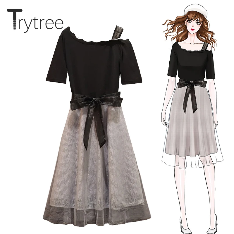 Trytree/летние женские платья повседневные с вырезом лодочкой Лоскутная Сетка