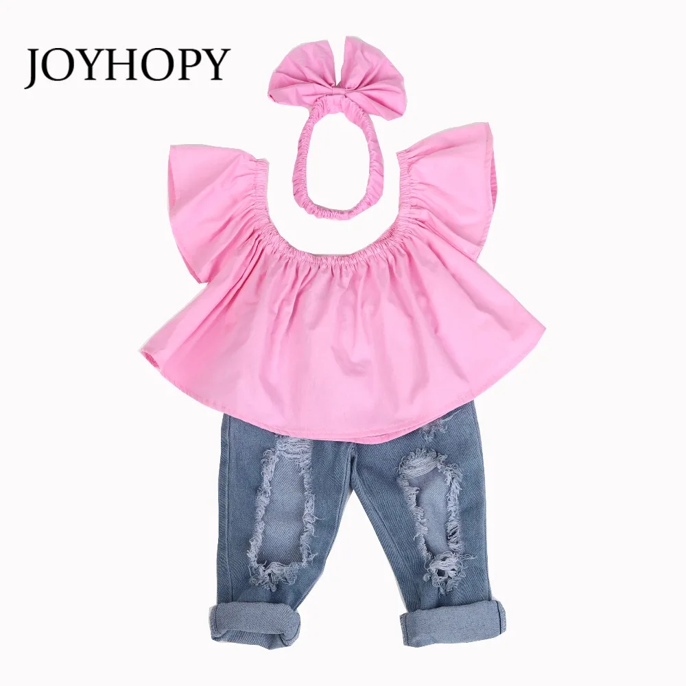 JOYHOPY одежда для маленьких девочек 2018 летние розовые рубашки малышей + джинсовые
