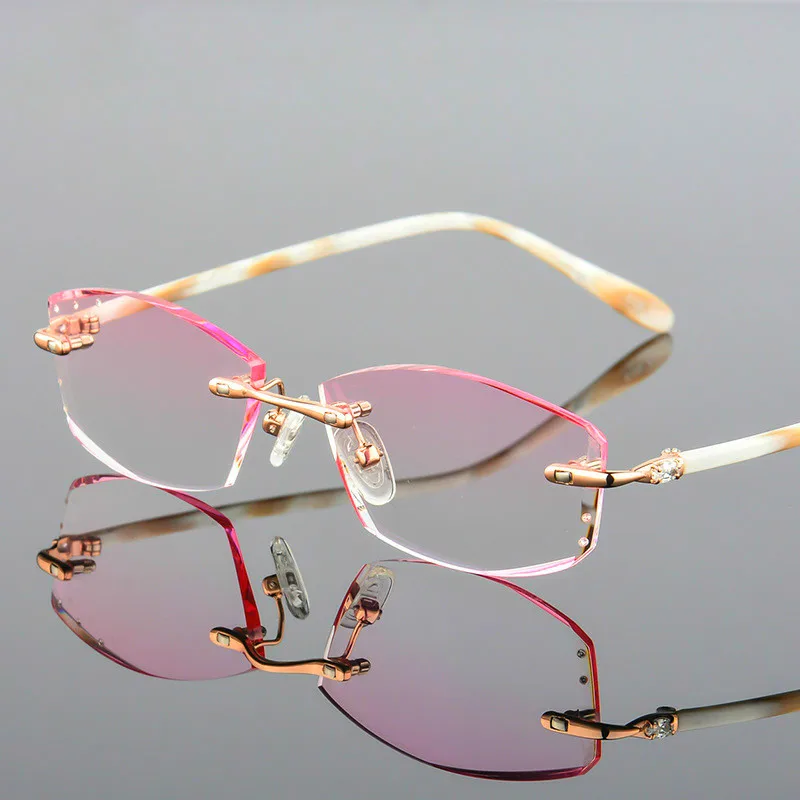 

Luxury Reading Glasses Women High Clear Lenses Female Hyperopia Eyeglasses Rimless Rhinestone Women's Pink Presbyopic Glasses