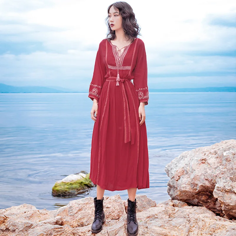 Женское винтажное пляжное платье Boho однотонное Хлопковое макси с вышивкой и