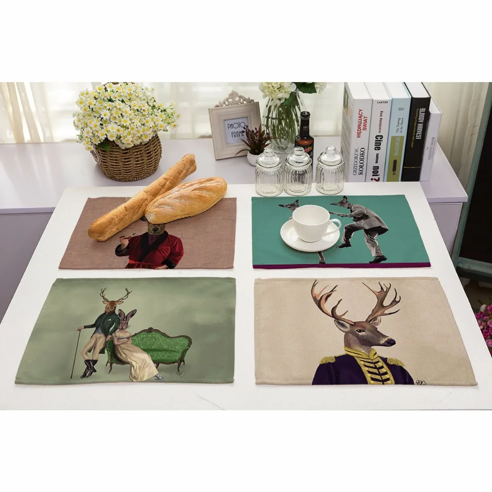 Cartoon reindeer Pattern Cotton Linen Western Pad Placemat Insulation Dining Table Mat Bowls Coasters Kitchen Accessories | Дом и сад