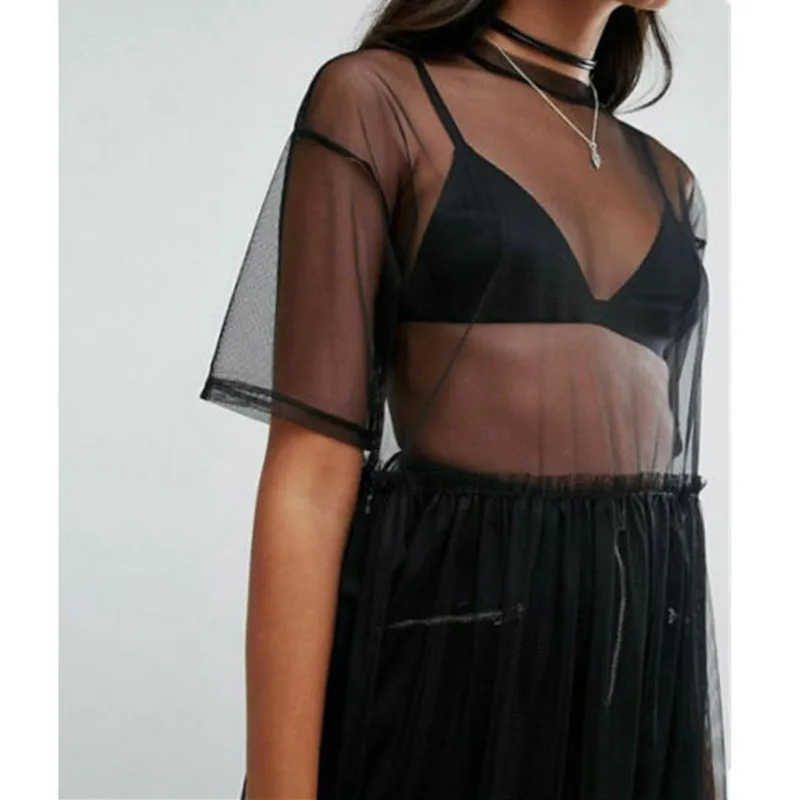 Fashion Women's Mesh Pure Black Transparent Turtleneck Ankle Dress Sexy Perspective Tulle Short Sleeve Beach High Street | Женская