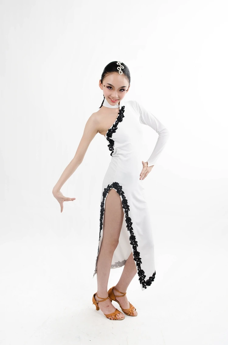Новое поступление детское платье для латинских танцев белый элегантный костюм