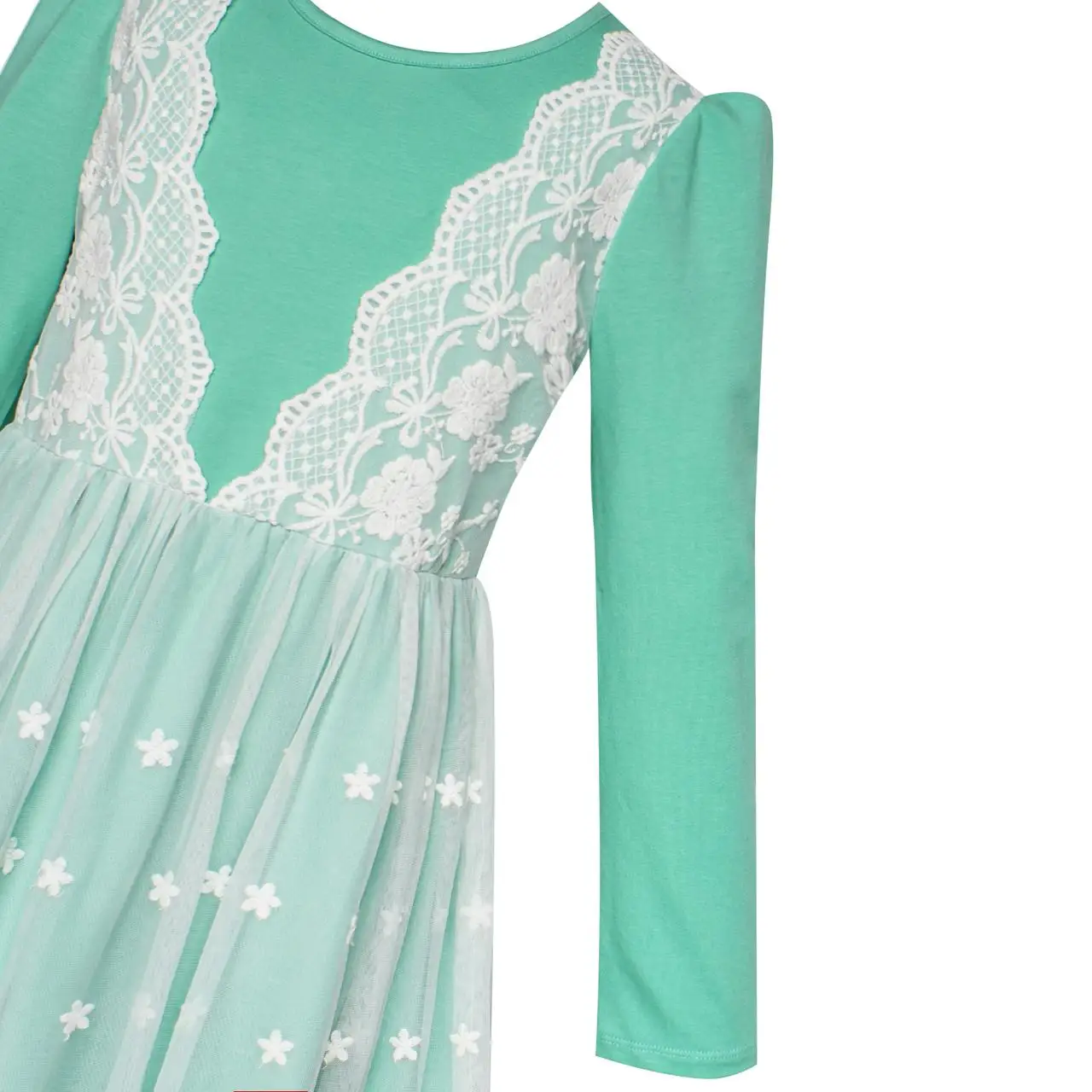 Sunny Fashion платья для девочек Цветок Девушка Платье Бирюзовый Длинный рукав Кружево