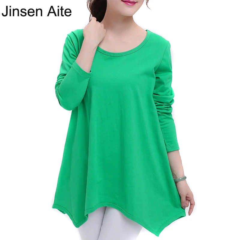 

Jinsen Aite Plus Size S-4XL Women Clothing 100% Cotton T-Shirt Long Sleeve Loose Irregular Casual T Shirt For Female Tops JS260