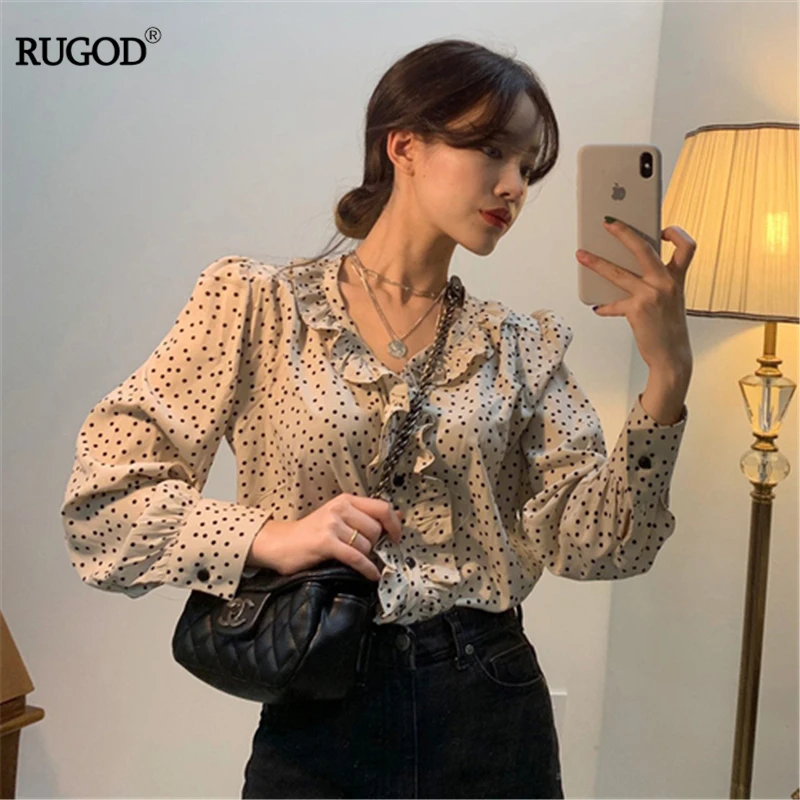 RUGOD Ghost horse girl Korean spring ins hot small blouse lace wave chiffon shirt fashionable blouses |
