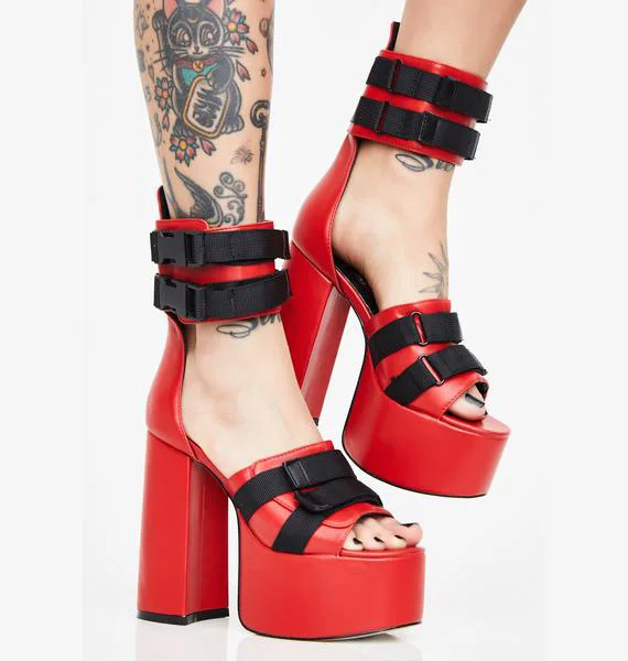 Cheap Price Red Black Leather Women Square Heels Sandals Big Ankle Strap Thick Platform Summer Shoes Chunky | Обувь
