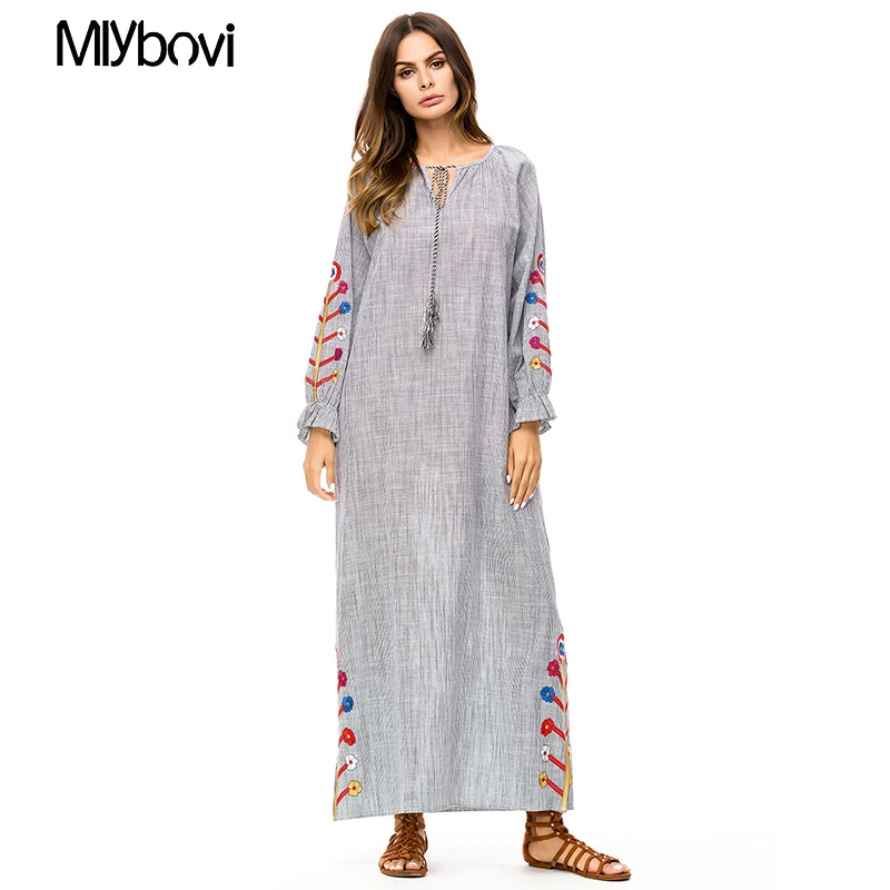 Мусульманское abaya Вышивка женское Макси Летнее Длинное Платье Роба Арабский