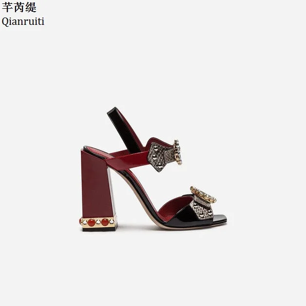 Qianruiti Printing Leather Women High Heels Sandals Open Toe Buckle Strap Pumps Studded Crystal Block Shoes | Обувь