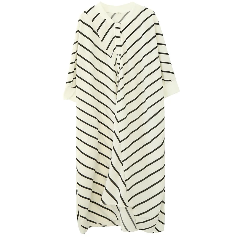 white black stripe vintage plus size women casual loose long spring summer shirt dress elegant clothes 2020 ladies dresses | Женская