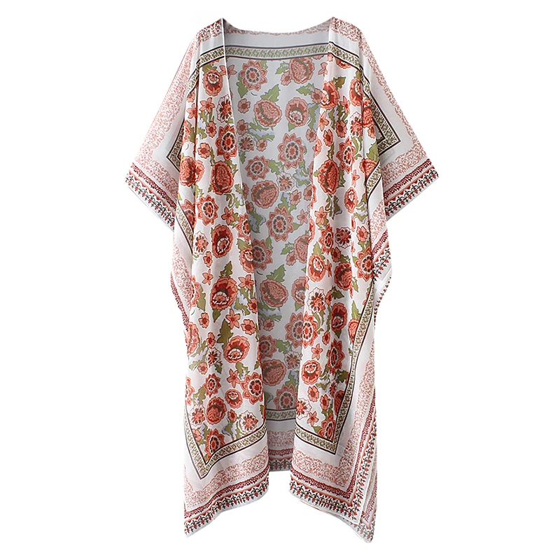 Белый Женская мода Шифон Кимоно Кардиган Цветочный Принт Сплит Boho Свободная Верхняя Одежда Cover Up Летний Пляж Солнцезащитные Кардиганы - Цвет: Белый