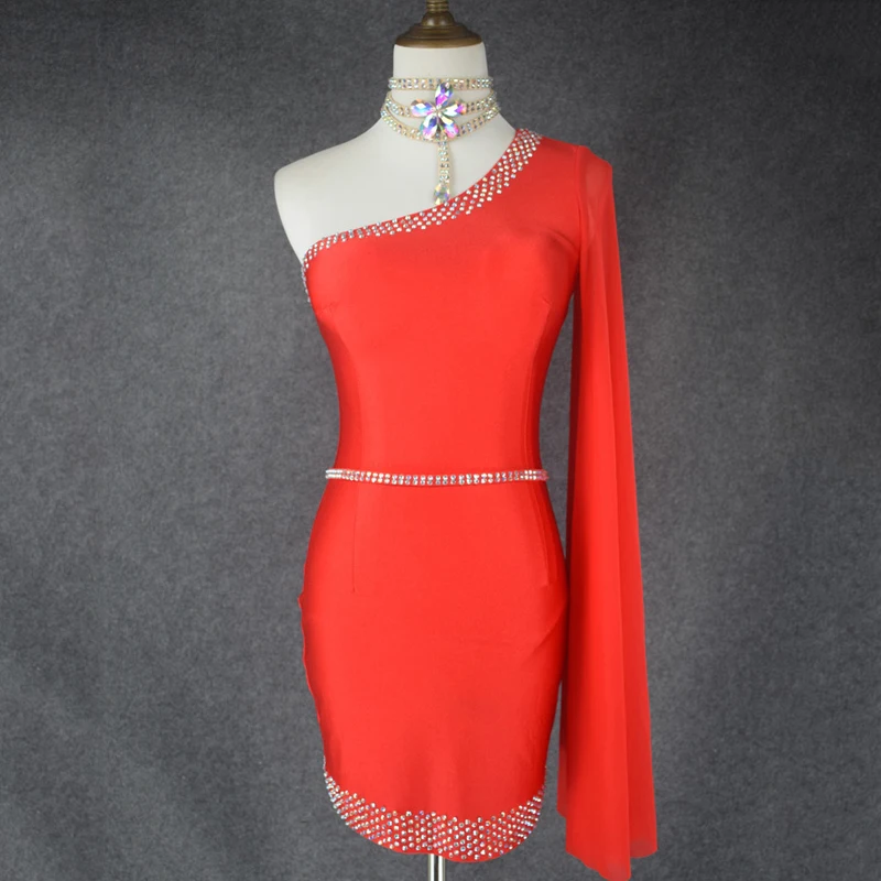 

Red Latin Dance Dress Women Single Long Sleeve Dress Customized Girls Salsa Dress Competition Dance Costume Latin Dress VDB125