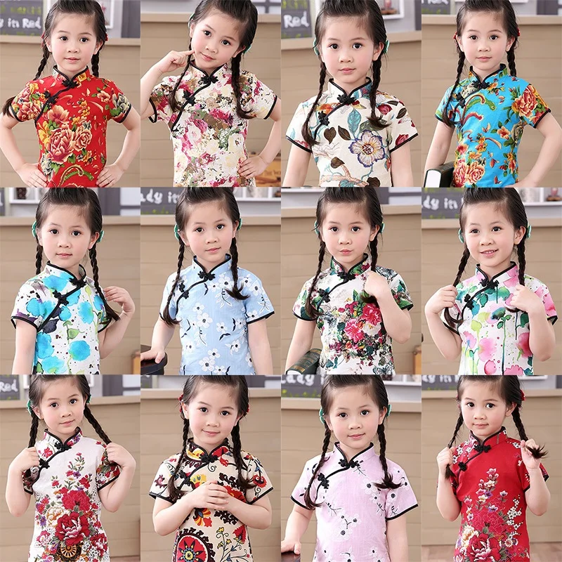 Cotton Girl Dress Floral Kids Baby Girls Qipao Short Sleeve Chinese Cheongsam Spring Autumn Clothes Hot 2021 New | Детская одежда и
