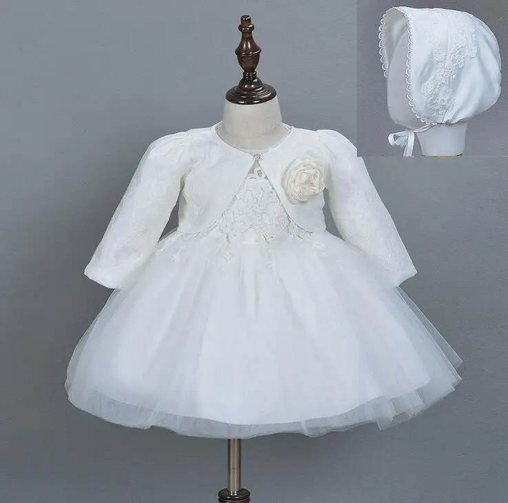 Dress Coat Hat Костюм из 3 предметов платье для крещения для новорожденных девочек пышные кружевные тюлевые платья для свадьбы, дня рождения, вечерние комплекты принцессы - Цвет: Dress Coat Hat