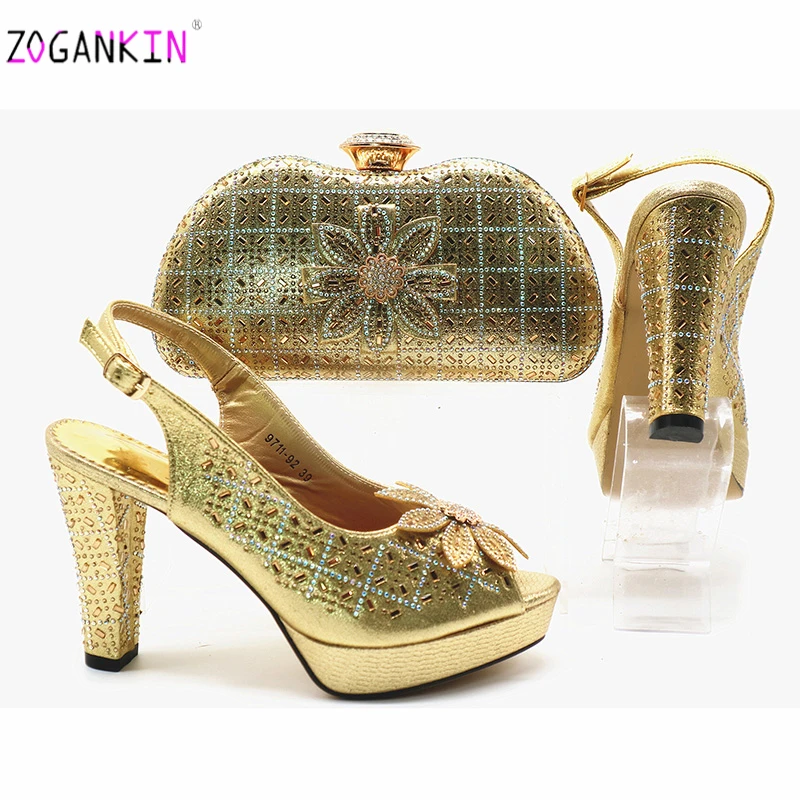 

Autumn New Arrivals African Ladies with Matching Bag High Heels Italian Shoe and Bag Set for Party And Wedding with Crystal