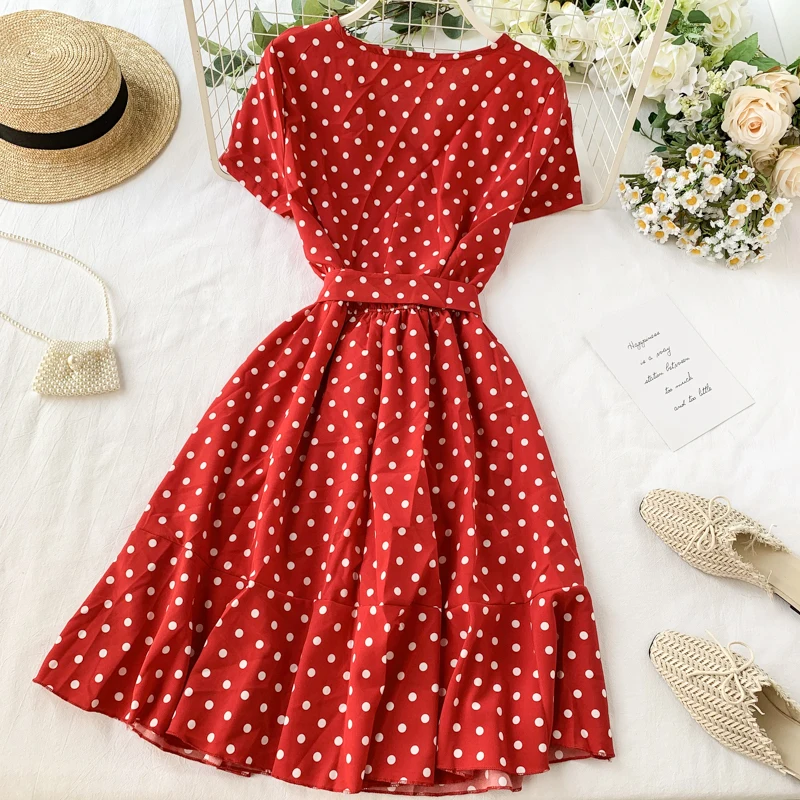 Vintage Polka Dot Print V Neck Ruffles Short Bandage Dress Chiffon Summer Party Women Casual High Waist Beach Dresses