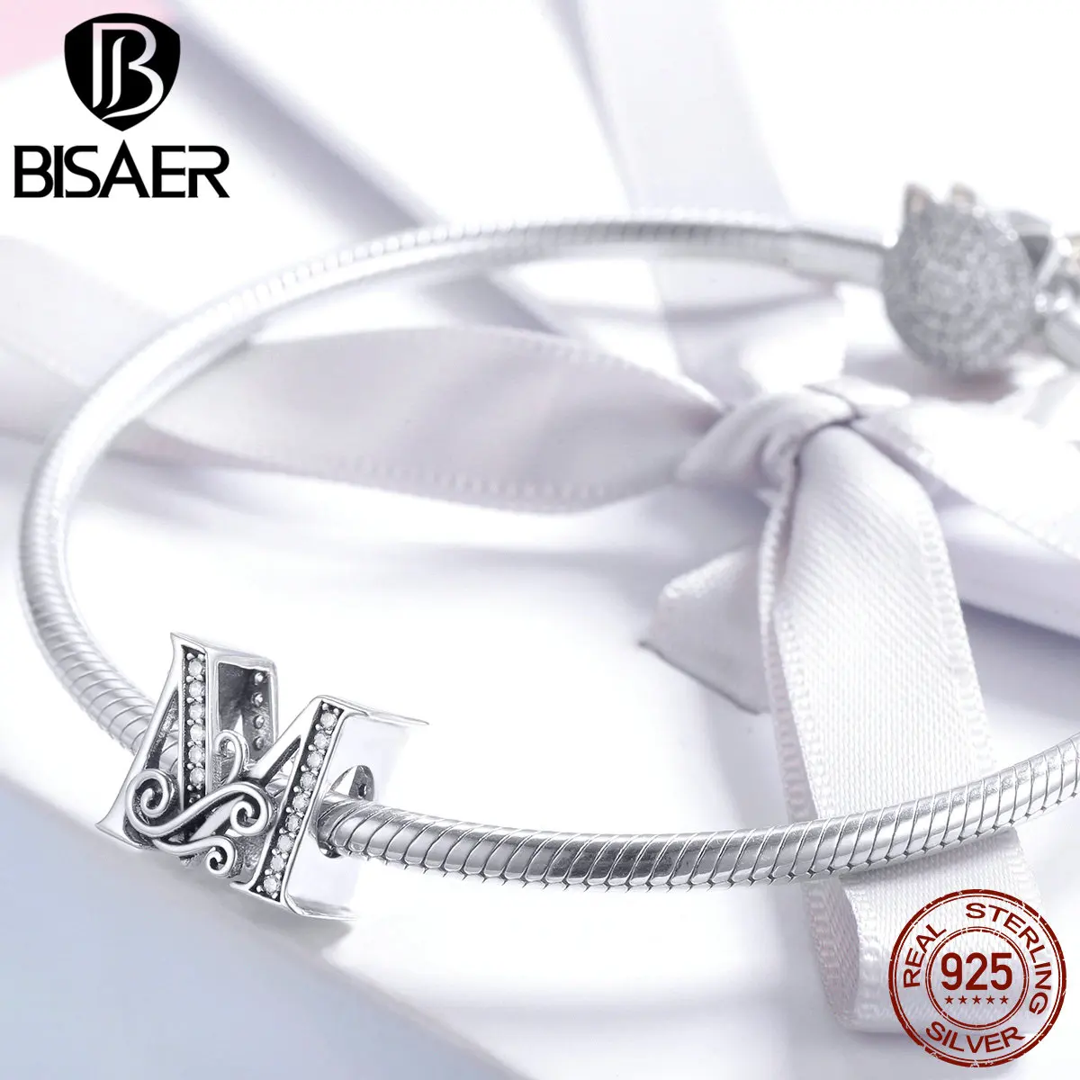 BISAER, распродажа, 925 пробы, серебряные буквы, алфавит М, бусины, амулеты, подходят для шарма, браслеты, серебро 925, ювелирные изделия, изготовление EFC030-M