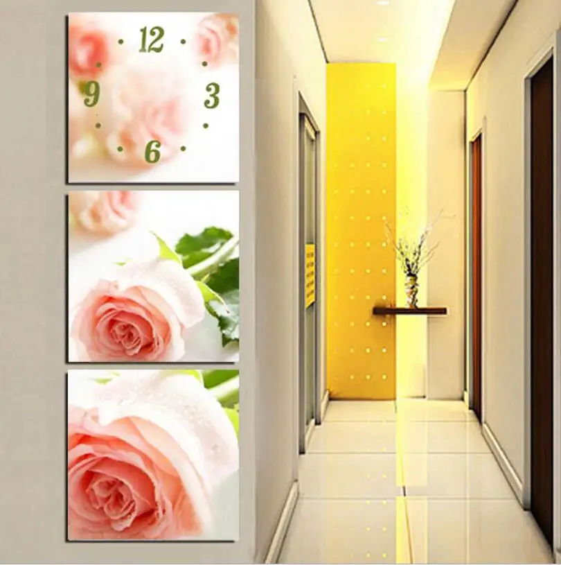 UzeQu Triptych 5D DIY Алмазная картина вышивка крестиком цветок Роза настенные часы Алмазная вышивка полная Мозаика из круглых бриллиантов часы