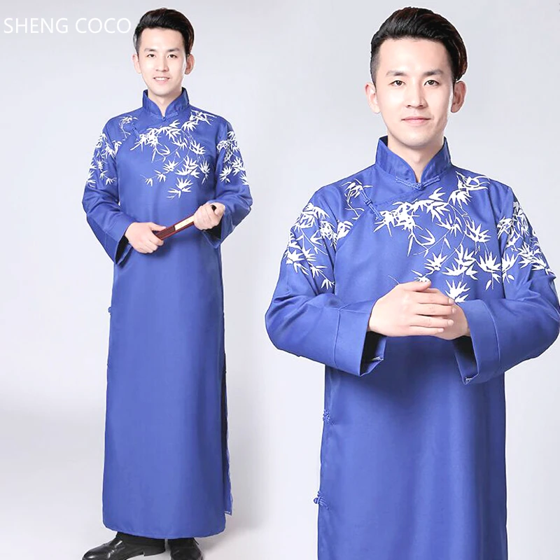 Мужской сатиновый костюм с принтом синий винтажный длинным рукавом|Халаты и