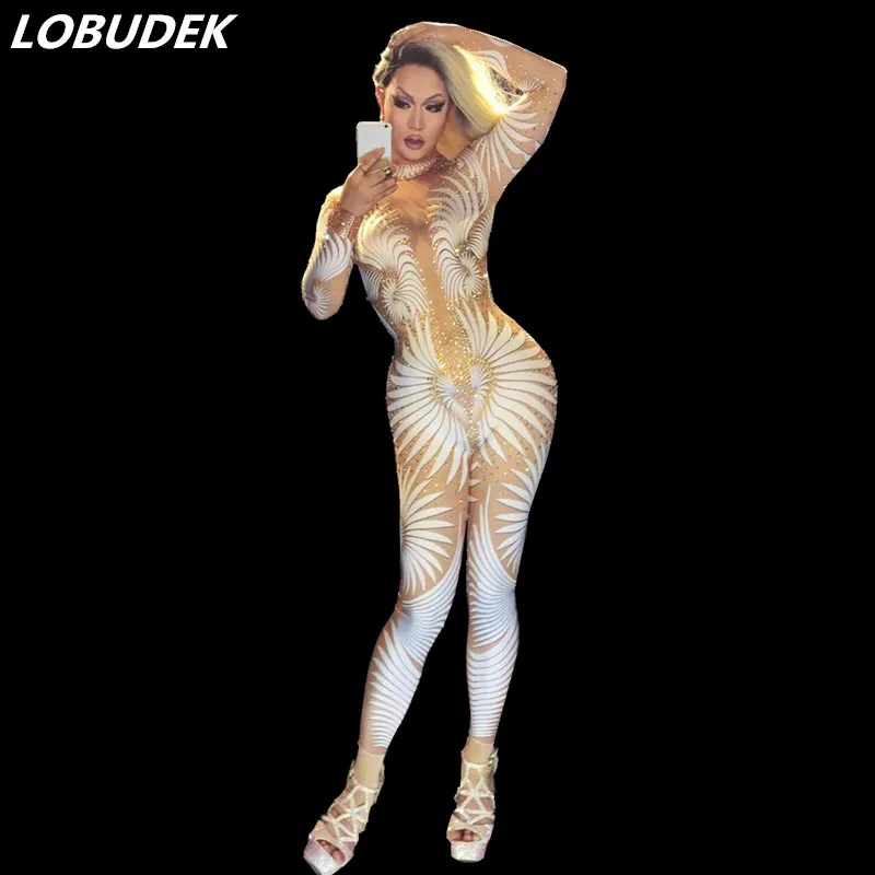 

Sexy female costumes jumpsuit bar nightclub DS white Bright Crystals Rompers Singer dancer performance show party bar