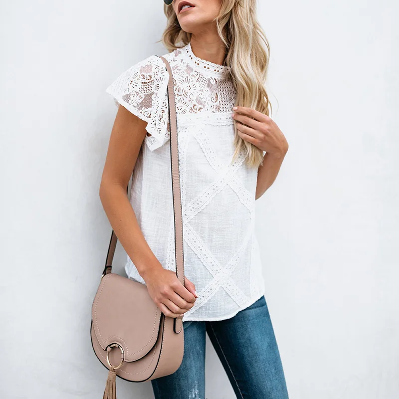 Винтажные топы блузка бохо рубашка с кружевом Женская водолазка короткими