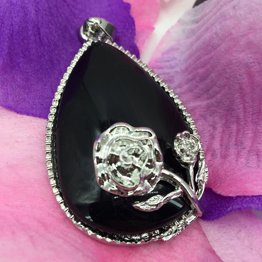 

High quality black agat stone waterdrop pendant 32*49mm silver-color flower wire winding fashion women charming jewelry B3078