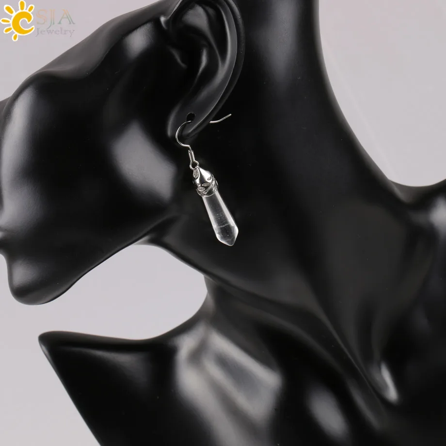 Clear Crystal CSJA, серьги с шестигранным драгоценным камнем, заживляющий необработанный Кварц из оникса, лазурит, тигровый глаз, родонит, павлин, камень, Женские Ювелирные изделия E091 - Окраска металла: Clear Crystal