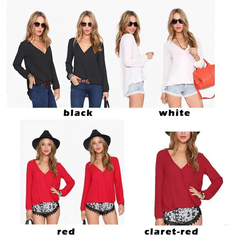 Женская блузка с v образным вырезом однотонная шифоновая блуза женская длинным