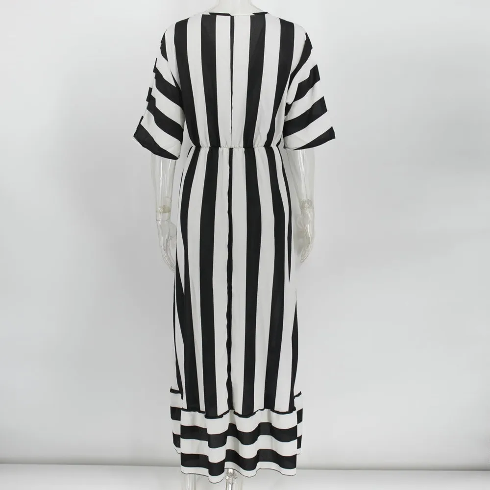 

Dilusoo Stripe Autumn Dress For Women Sexy V-neck Irregular Loose Elegant Dress Female With Belt 2020 Half Sleeve Casual Vestido