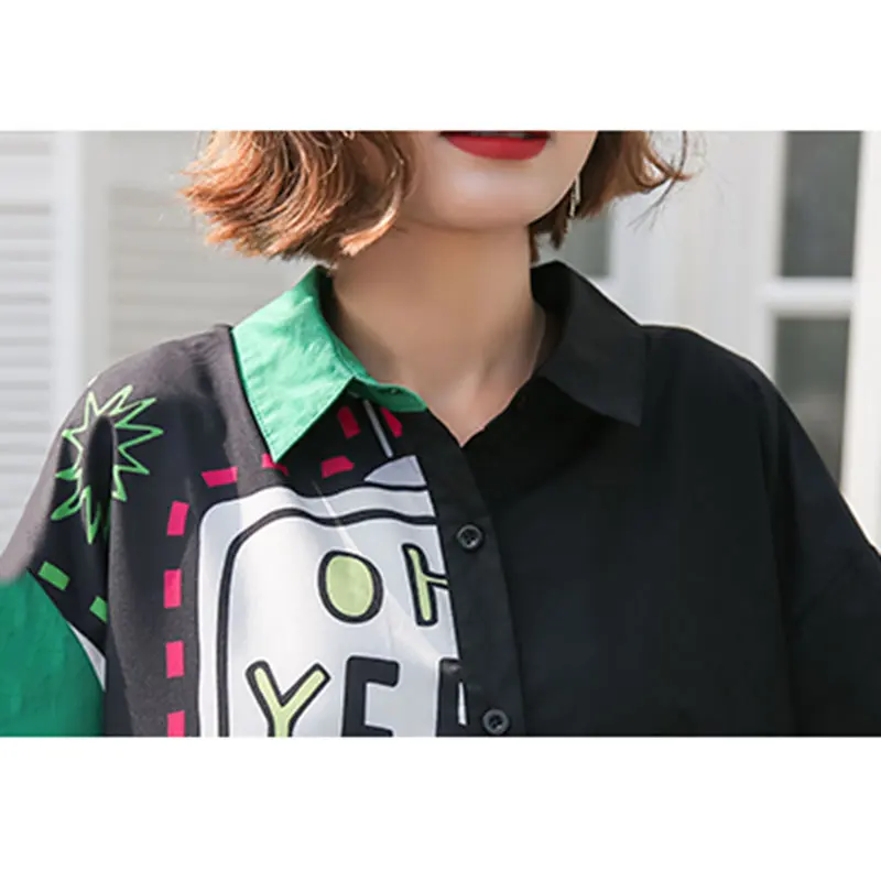 XITAO Plus Size Street Midi Dress Women Korea Fashion Turn Down Collar Patchwork Print Pattern Cardigans New WBB4449