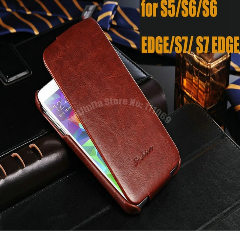 Funda de piel aut&eacute;ntica con tapa Vertical para Samsung Galaxy S5, S6, S6 Edge, S7, ranura para tarjeta, 50 unidades-1