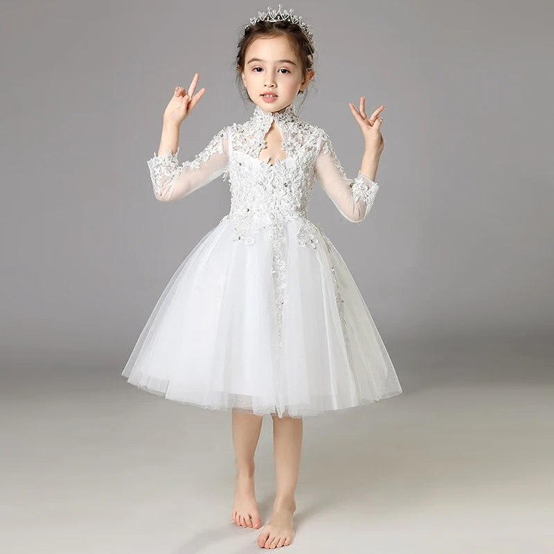 Элегантное белое платье принцессы из тюля с блестками длинным рукавом для
