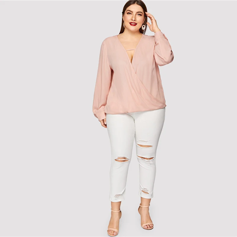 SHEIN Размер Плюс Однотонный Топ С Глубоким V-Образным Вырезом Сексуальная Блузка На Запах