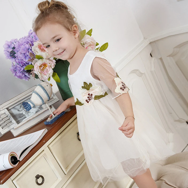 Baby Girl Dresses 2019 Embroidered Flower Fairy Mesh Princess spring girl beach floral dresses Long-sleeved children's clothing | Детская