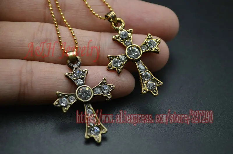 

10pcs Fashion Cross Men and Women Necklace 18'' Antique Brass Alloy Pendants With CZ Beads Inset Lucky Jewelry