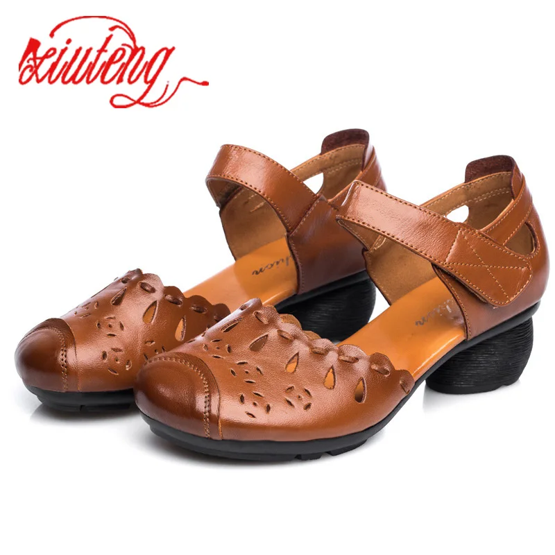 Сандалии Xiuteng женские на толстом каблуке натуральная кожа Нескользящие