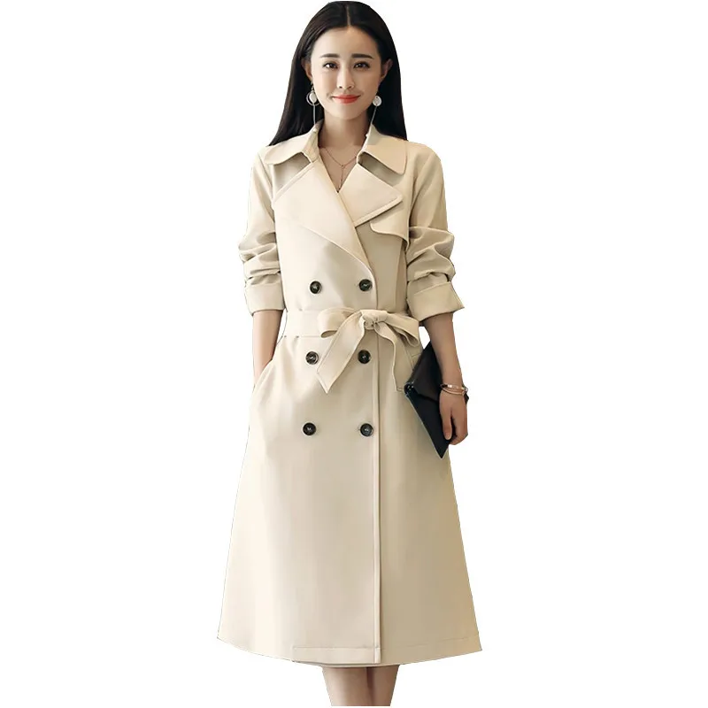 

New 2019 Spring Women Trench Coat Medium length Beige Long Windbreaker Plus size Belt Slim Female Outerwear RE2268