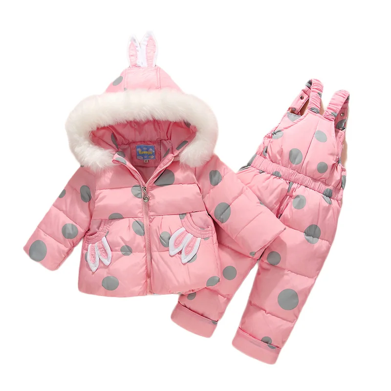

HSSCZL 2018 Children Clothing Set girl Jumpsuit Snow Jacket+bib Pant 2pcs Set Baby Girls Duck Down Jacket Coat white fur 1-3Age