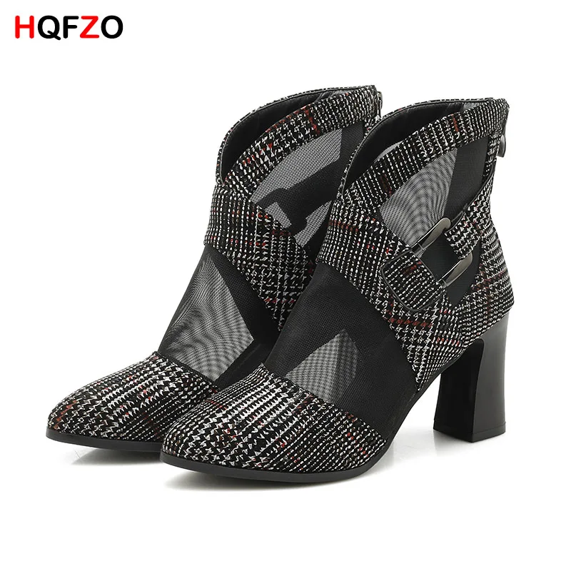 black with red HQFZO/пикантные женские летние туфли с острым носком на молнии; босоножки из флока на высоком каблуке с сеткой; женские туфли-лодочки; женские босоножки под платье; Цвет Черный; каблук 8 см - Цвет: black with red