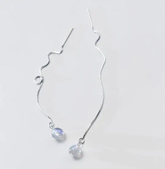 

Real. 925 Sterling Silver jewelry Natural MoonStone labradorite stone Threader Long Earrings Pull Through Piercing C-E5883