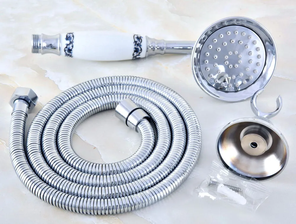 

Polished Chrome Brass Hand Held Shower Head Wall Hodler Bracket 1.5M Hose Set Water Saving Bathroom Handheld Sprayer ahh026