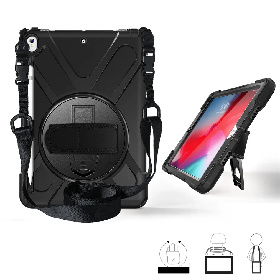 Черный Чехол для ipad air 3() противоударный сверхпрочный силиконовый+ PC Kickstand чехол с запястье+ плечевой ремень Чехол для ipad Pro 10,5 - Цвет: Черный